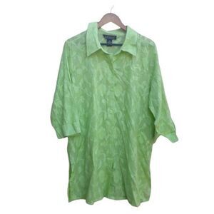 Dialogue Cotton Top Button Up Botanical Leaf Floral‎ Print Neon Green Sz 1X